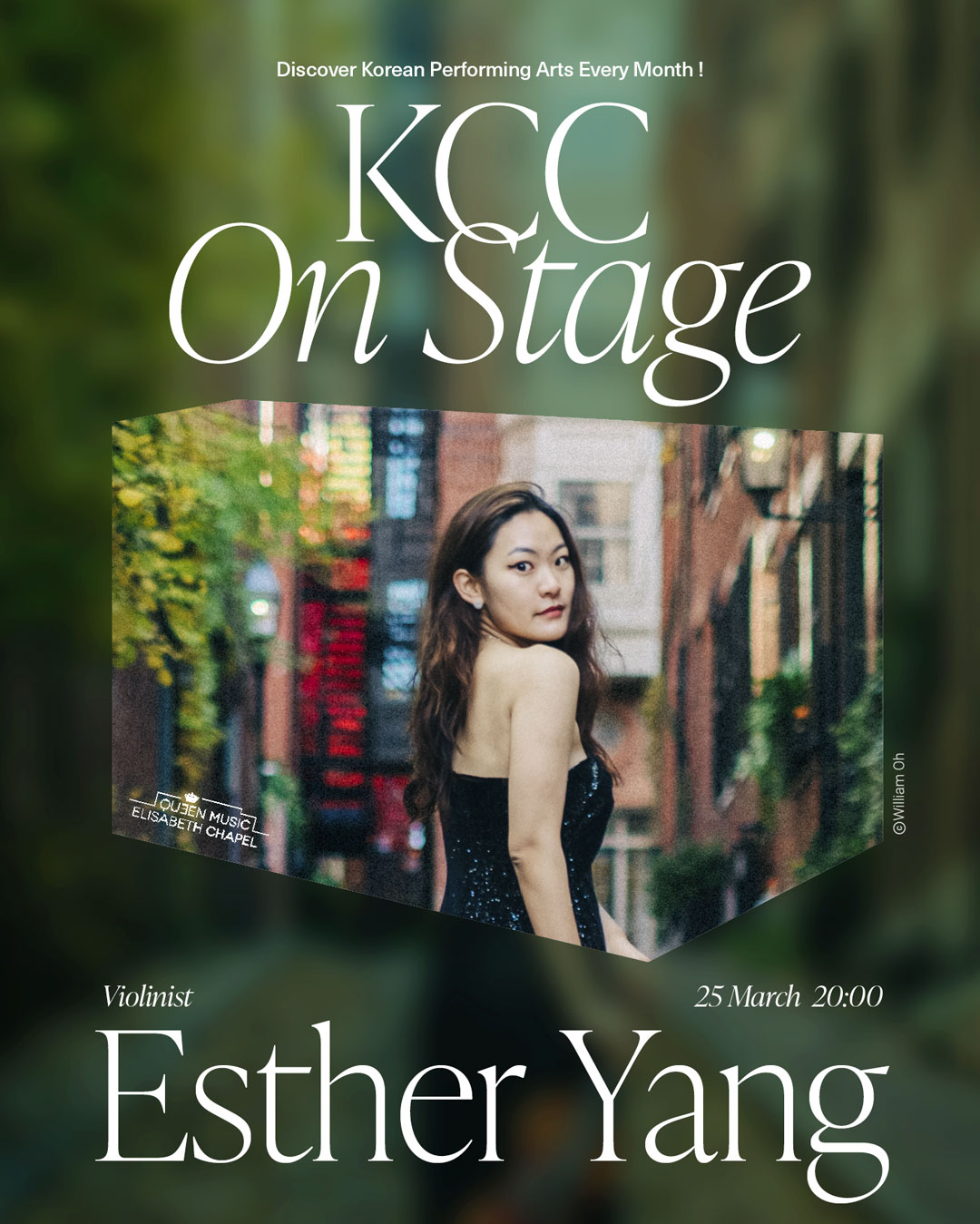 ​  [KCC On Stage] Violinist Esther Yang  25.03.2025 (Tue) 20:00 @ Korean Cultural Center  *Free entrance / Reservation required (Reservations open at 2 PM on the 4th Mar via the link)  ​  KCC On Stage: Discover Korean Performing Arts Every Month at KCC!  ​  In collaboration with Queen Elisabeth Music Chapel, violinist Esther Yang is on stage at the Korean Cultural Center!  ​  Esther Yang has been gaining acknowledgement around the world through various concerts throughout North America, Europe, and Asia. She has been named a semifinalist in both the 2023 Premio Paganini Competition and the 2024 Windsor Festival International Competition. She earned her Bachelor of Music degree at the New England Conservatory of Music, studying with Soovin Kim and Paul Biss, and recently completed her Master’s degree at The Juilliard School as a student of Joseph Lin. She is currently studying at the Queen Elisabeth Music Chapel as an Artist in Residence under the tutelage of Augustin Dumay.  ​  *Programmes and further information will be updated soon.