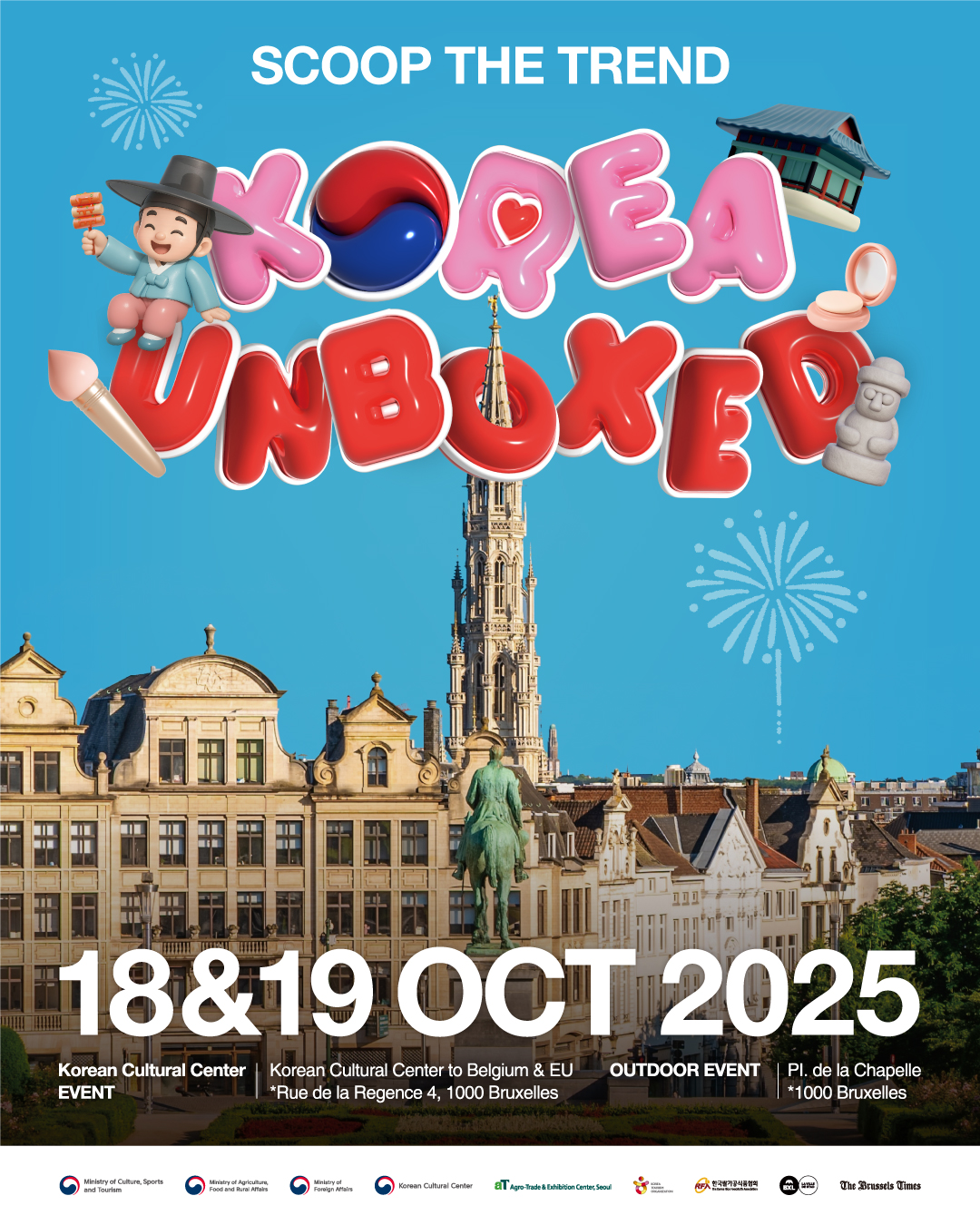 <Korea Unboxed : Scoop the Trend>  📅 18 (samedi) – 19 (dimanche) octobre 2025 / 12h – 20h  📍 Centre Culturel Coréen en Belgique & UE et Place de la Chapelle, Bruxelles Le Centre Culturel Coréen en Belgique & UE, en collaboration avec l’Office du Tourisme de Corée, le Ministère de l’Agriculture, de l’Alimentation et des Affaires rurales, ainsi que l’Association coréenne des produits à base de riz, organise le festival <Korea Unboxed : Scoop the Trend>. Cet événement met à l’honneur les dernières tendances coréennes en matière de gastronomie, de tourisme et de beauté, au cœur de Bruxelles. Au Centre Culturel, situé dans le quartier du Sablon, les visiteurs pourront découvrir des contenus touristiques fascinants et les toutes dernières tendances K-beauty. Des « 100 sites incontournables de Corée » aux sentiers de l’île de Jeju, vous vivrez une journée comme si vous voyagiez en Corée. Le K-Beauty Zone proposera des expériences interactives telles que la découverte de votre rouge à lèvres MLBB idéal grâce à l’analyse des couleurs personnelles, ainsi que des tutoriels de maquillage et des conseils de soins de la peau donnés par des artistes K-beauty. Sur la Place de la Chapelle, le K-Food Zone présentera la richesse des aliments coréens à base de riz. Élément essentiel de la cuisine coréenne, le riz se décline de mille façons : du bol de riz chaud au tteokbokki épicé, en passant par le makgeolli et les biscuits croustillants de riz. Venez découvrir des moments nouveaux, tendances et résolument coréens à Korea Unboxed !