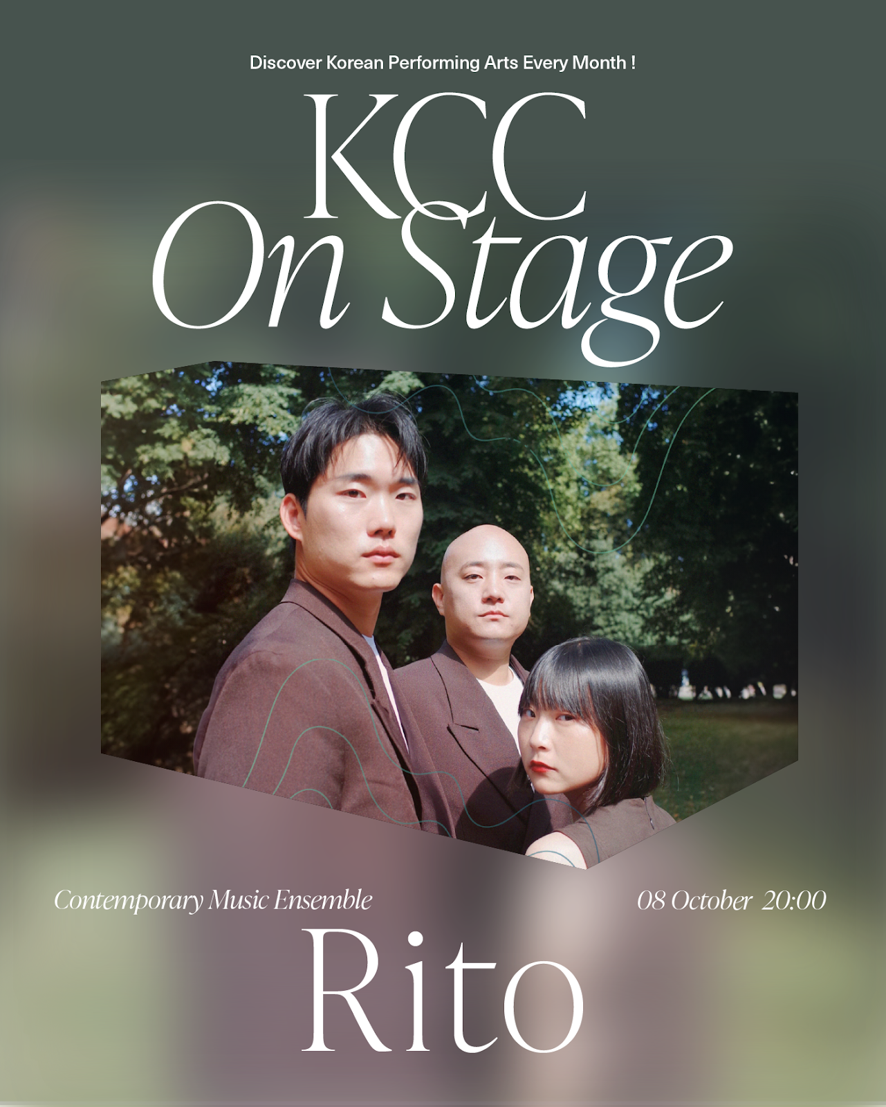 [KCC On Stage] Rito  08.10.2025 (Wed) 20:00 @Korean Cultural Center  ​  *Free entrance / Reservation required    Reservations will be open at Sep 9th, 2:00 PM via the link  ​  ​  KCC On Stage 2025: Discover 10 Korean Performing Arts at the KCC!  ​  Rito is a contemporary music collective that blends Korean traditional melodies with electronic sound, unfolding a unique sonic world. Rooted in the spirit of Tori, the melodic essence of Korean music, Rito brings together piri, traditional percussion, and electronic music to shape new musical rituals.  ​  Where tradition meets the contemporary,  Where memory flows into improvisationㅡ  A special experience awaits, where sound becomes ritual.      Synthesizer Edith  Percussion Kang San Lee  Piri, Percussion Seayool Kim  Choreographer Hyaejin Lee  ​  [Program]  Jin - The doorway into RITO’s world, inviting the audience into a new sense of time.  Ja - A repeating piri melody leads the piece. The quick breaths build both tension and exhilaration.  Yuk - With each pounding beat, the crowd becomes one.  Ta (*Special Guest Hyaejin Lee) - Playful and dancing, joy lights up the stage.  Jin2 (*Special Guest Hyaejin Lee) - The slowest breath. A spacious, quiet time begins.  Mu - Unframed, the sound follows the moment.  Cheong - Beginning gently, rising into ritual.  Bul - Deep resonance, quiet yet powerful.  Hwi - A storming finale, where energy bursts.  Ro - Impressions from a city of layered time. Tradition and electronics meet, shaping a new landscape.  ​